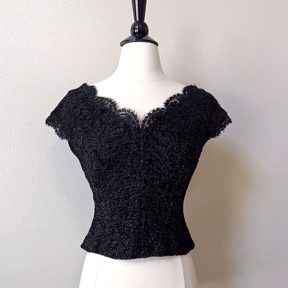 Vintage 50s Bonwit Teller Black Metallic Tinsel Lace Evening Blouse Cocktail Top